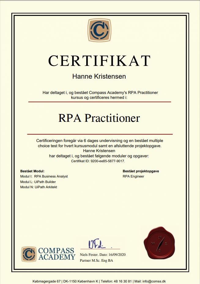 Certificering ved RPA kursus